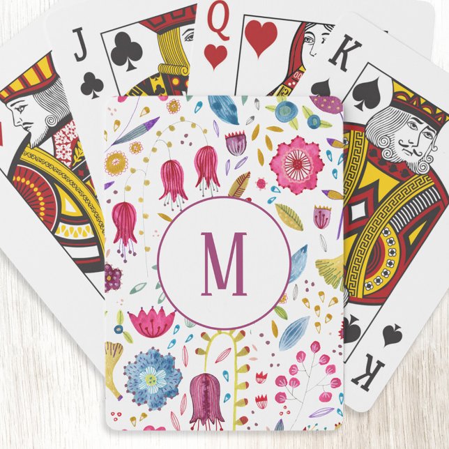 Modern Floral Watercolor Monogram Playing Cards (Modern personalized monogram initial watercolor floral botanical art playing cards)
