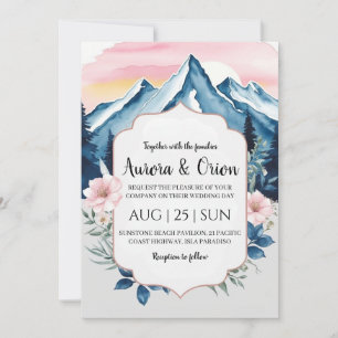 modern floral watercolor mountain wedding invitation