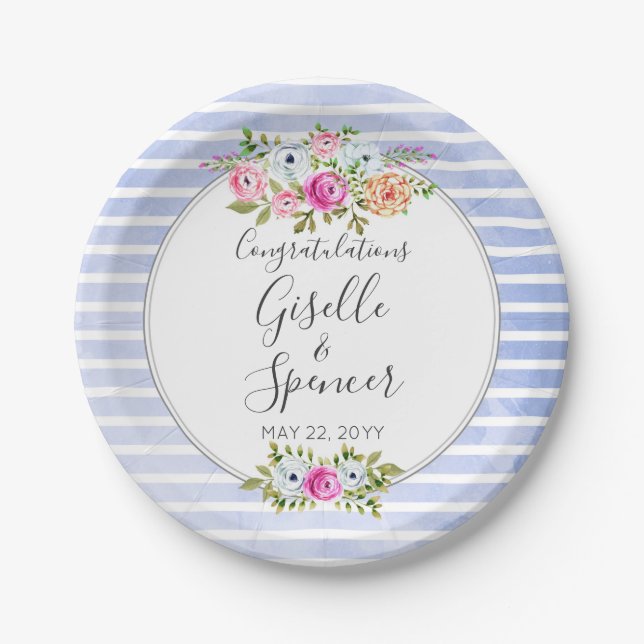 Modern Floral Watercolor Navy Stripe Wedding Paper Plate (Front)