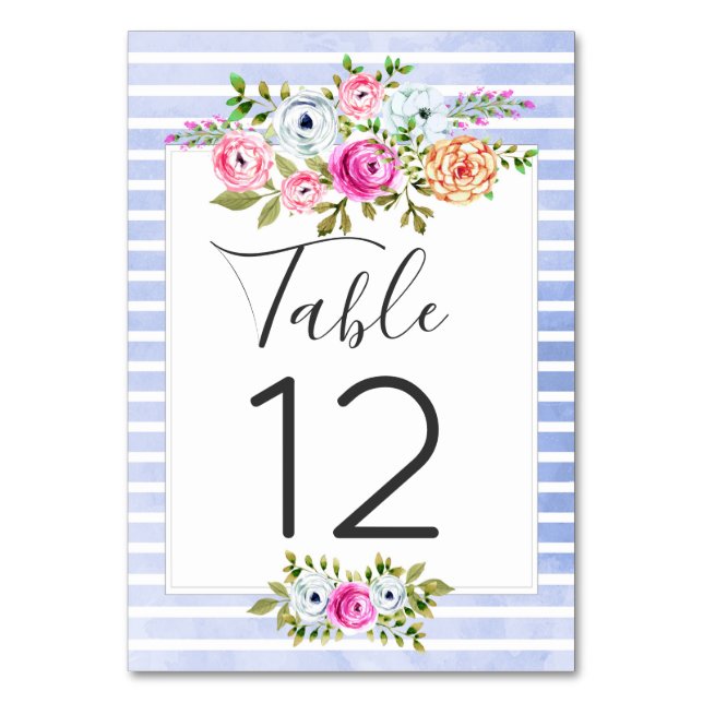 Modern Floral Watercolor Navy Stripes Table Number (Front)