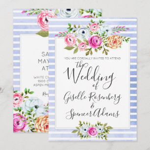 Modern Floral Watercolor Stripe Wedding Invitation