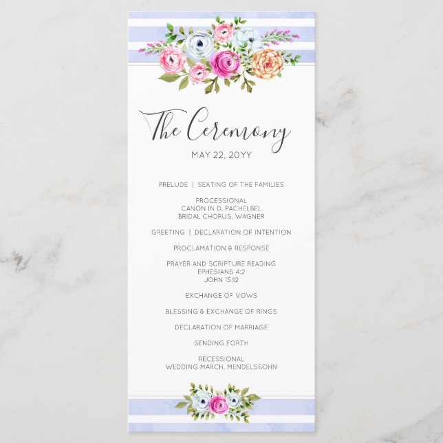 Modern Floral Watercolor Stripe Wedding Program (Front)