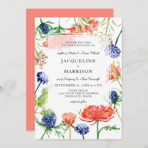 Modern Floral Watercolor Summer Coral Mum Thistle Invitation