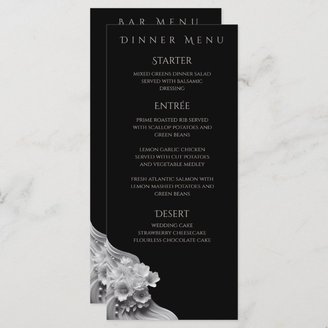 Modern Floral Wedding Black and White- Menu (Front/Back)