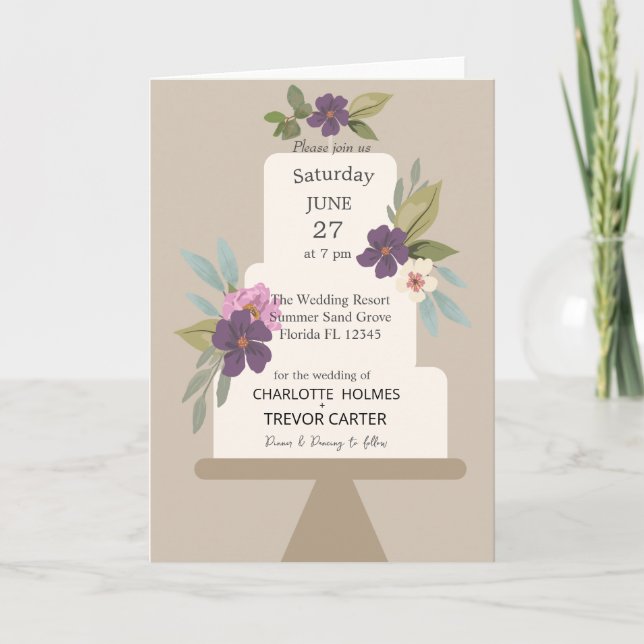 Modern Floral Wedding Cake  Invitation (Front)