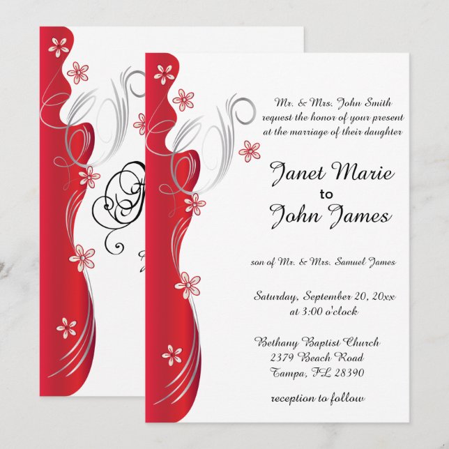 Modern Floral Wedding | Deep Red and Silver Invitation (Front/Back)