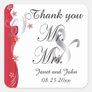 Modern Floral Wedding   Deep Red and Silver Square Sticker
