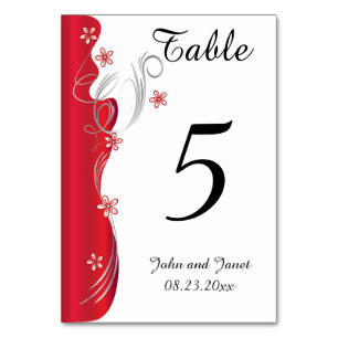 Modern Floral Wedding   Deep Red and Silver Table Number