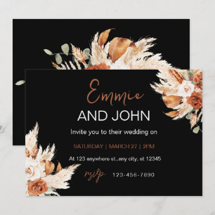 Modern Floral Wedding Invitation – Black Backgroun