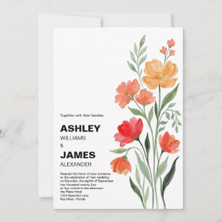 Modern Floral Wedding Invitation Red Orange Design