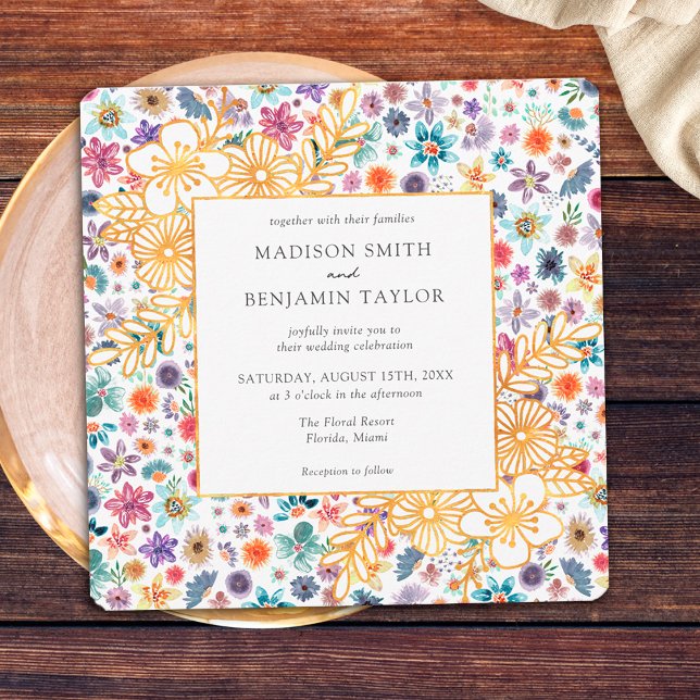Modern Floral White Gold Wildflower Wedding Invitation (Front)