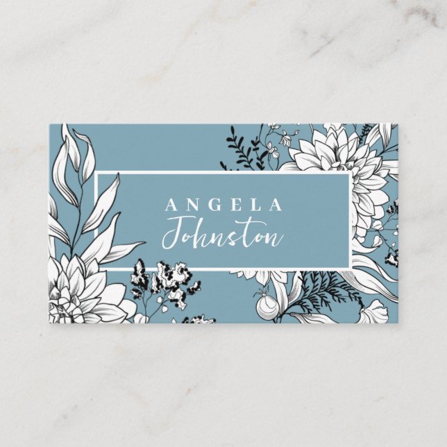 Modern Floral Wildflower Botanical Blue White  Business Card (Front)