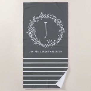 Modern floral wreath name and initial modern beach towel
