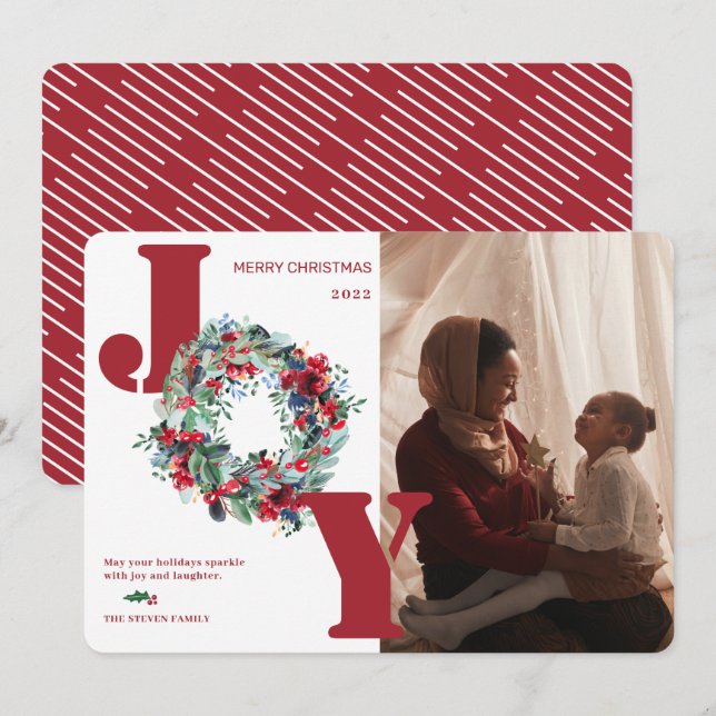 Modern floral wreath photo Christmas Joy red Holiday Card (Front/Back)