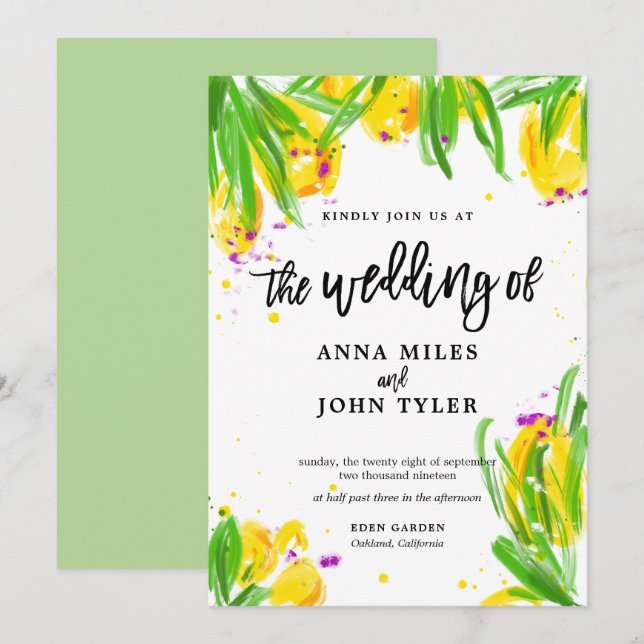 Modern Floral Yellow Green Violet Calligraphy Invitation (Front/Back)