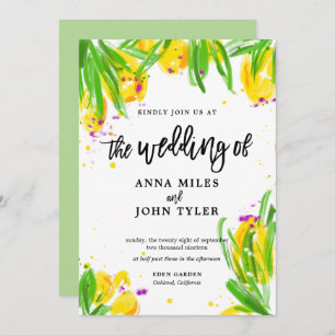 Modern Floral Yellow Green Violet Calligraphy Invitation