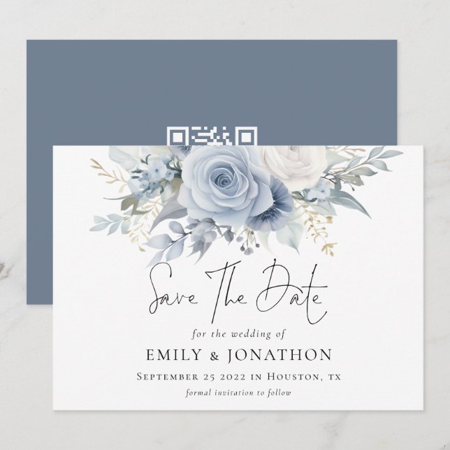 Modern Florals Dusty Blue QR Code Wedding Save The Date (Front/Back)