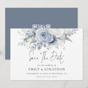 Modern Florals Dusty Blue QR Code Wedding Save The Date