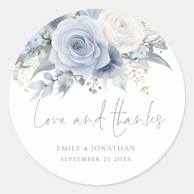 Modern Florals Love Thanks Dusty Blue Wedding Classic Round Sticker (Front)