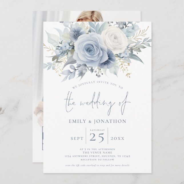 Modern Florals Photo Overlay Blue Text QR  Wedding Invitation (Front/Back)