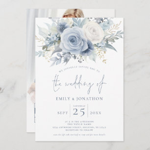 Modern Florals Photo Overlay Blue Text QR  Wedding Invitation