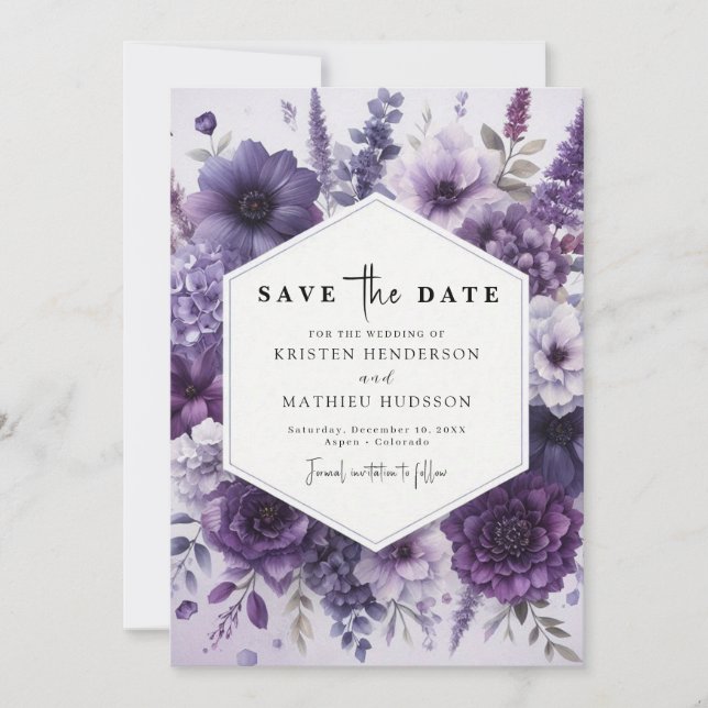 Modern Florals Purple Floral Wedding Save The Date (Front)