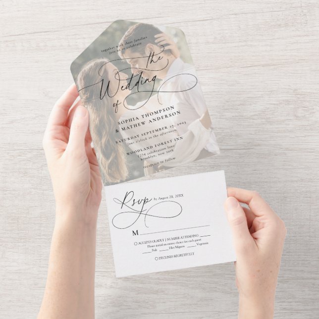 Modern Flourish Calligraphy White Photo Wedding All In One Invitation (Tearaway)