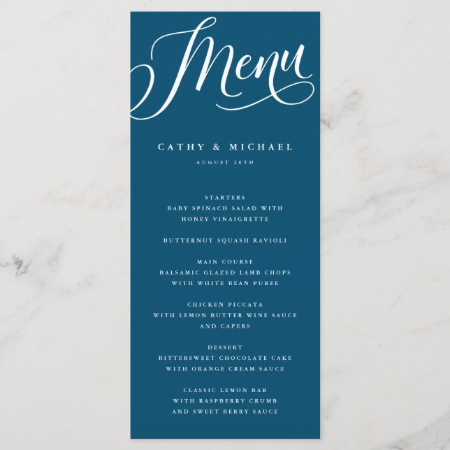 Modern Flourish Script, Dark Blue Menu (Front)