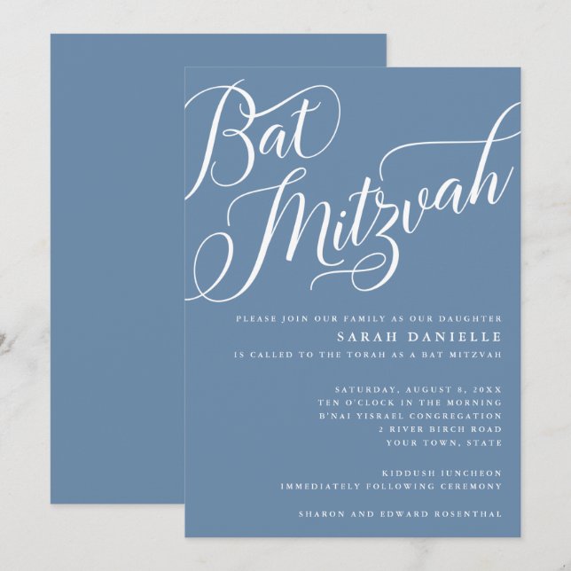 Modern Flourish Script, Dusty Blue Bat Mitzvah Invitation (Front/Back)