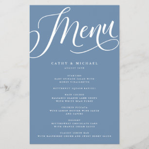 Modern Flourish Script, Dusty Blue Paper Menu