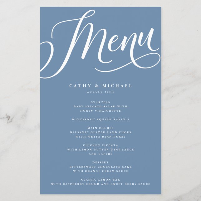 Modern Flourish Script, Dusty Blue Paper Menu (Front)