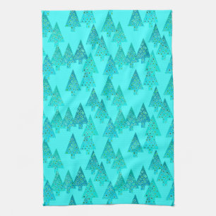Modern flower Christmas trees - aqua & peacock Kitchen Towel