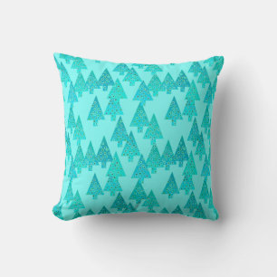 Modern flower Christmas trees - aqua & peacock Throw Pillow