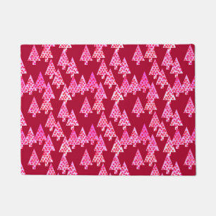 Modern Flower Christmas Trees Burgundy and Pink Doormat