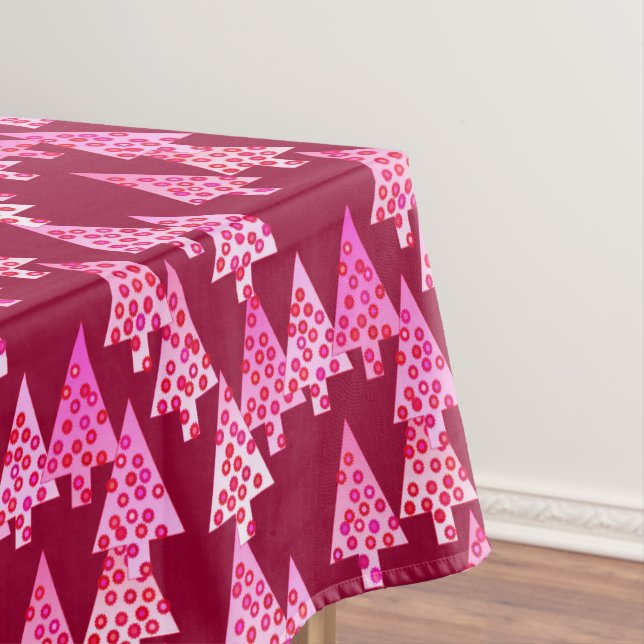 Modern Flower Christmas Trees, Burgundy & Pink Tablecloth (In Situ)