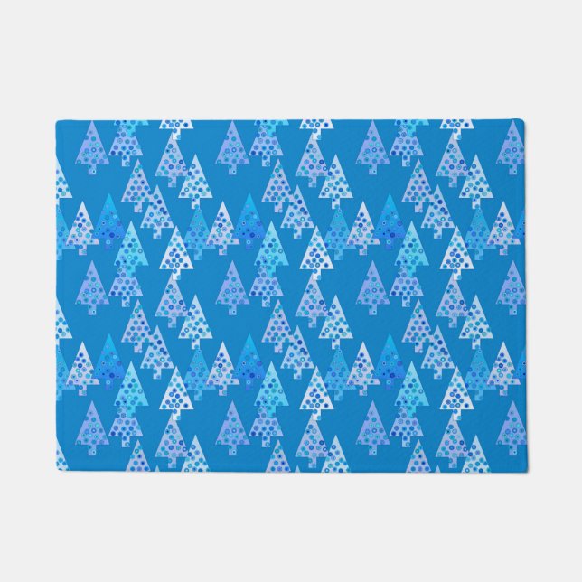 Modern Flower Christmas Trees Cerulean Blue  Doormat (Front)