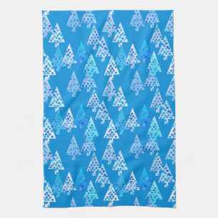 Modern flower Christmas trees - cerulean blue Kitchen Towel