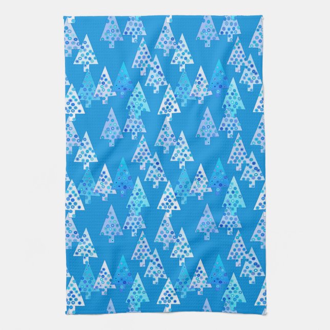 Modern flower Christmas trees - cerulean blue Kitchen Towel (Vertical)