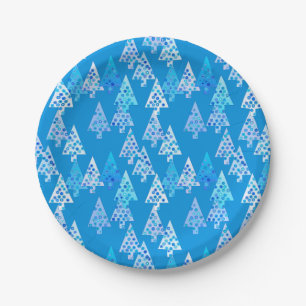 Modern flower Christmas trees - cerulean blue Paper Plate