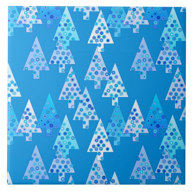 Modern flower Christmas trees - cerulean blue Tile (Front)