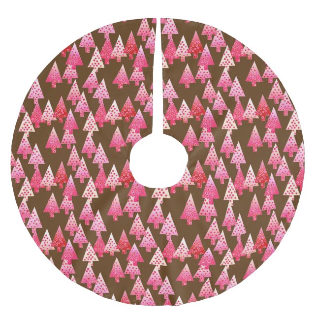 Modern flower Christmas trees - coral & brown Brushed Polyester Tree Skirt (Front)