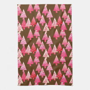 Modern flower Christmas trees - coral & brown Kitchen Towel