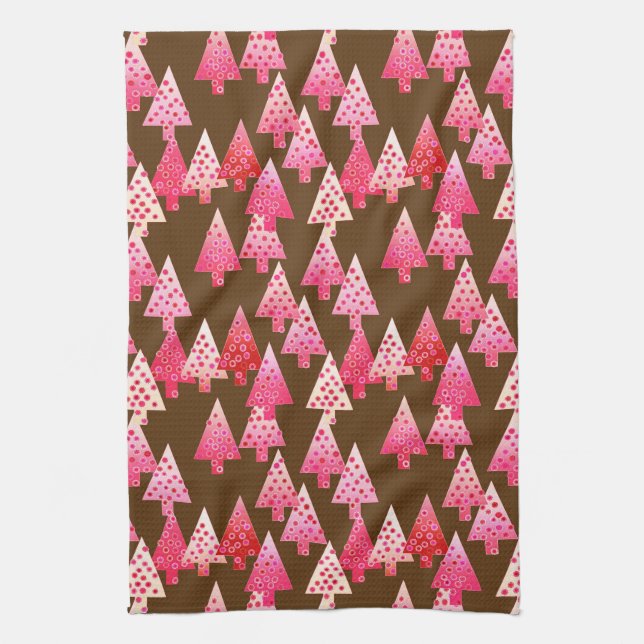 Modern flower Christmas trees - coral & brown Kitchen Towel (Vertical)