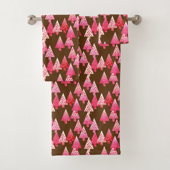 Modern Flower Christmas Trees, coral pink & brown Bath Towel Set (Insitu)