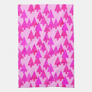 Modern flower Christmas trees - fuchsia pink Kitchen Towel