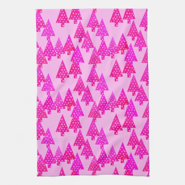 Modern flower Christmas trees - fuchsia pink Kitchen Towel (Vertical)