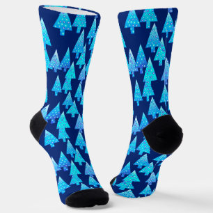 Modern Flower Christmas Trees, Navy and Sky Blue  Socks