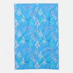 Modern flower Christmas trees - sky blue Kitchen Towel