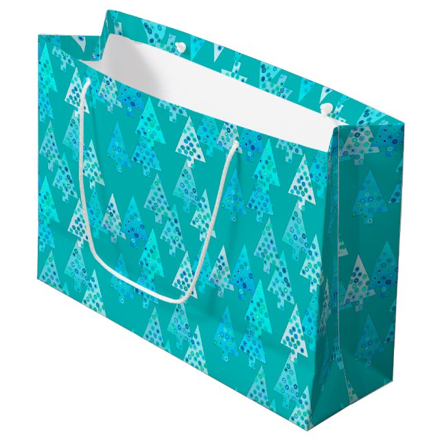Modern Flower Christmas Trees, Turquoise and Aqua  Large Gift Bag (Front Angled)