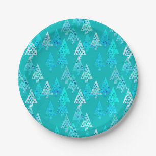 Modern flower Christmas trees - turquoise Paper Plate
